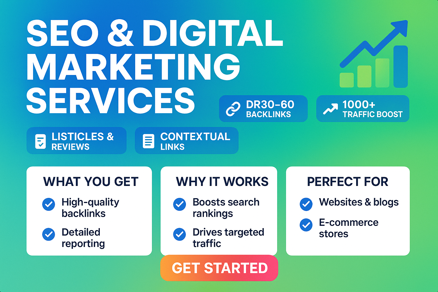 What You Get: 20 DR30–60; 1000+ traffic; listicles &amp; reviews; contextual
Why It Works: Designed to drive results with simple, transparent delivery.
Perfect For: Businesses that value performance and clarity.
Includes: Service fulfillment and reporting..

make it eye catching and high converting 