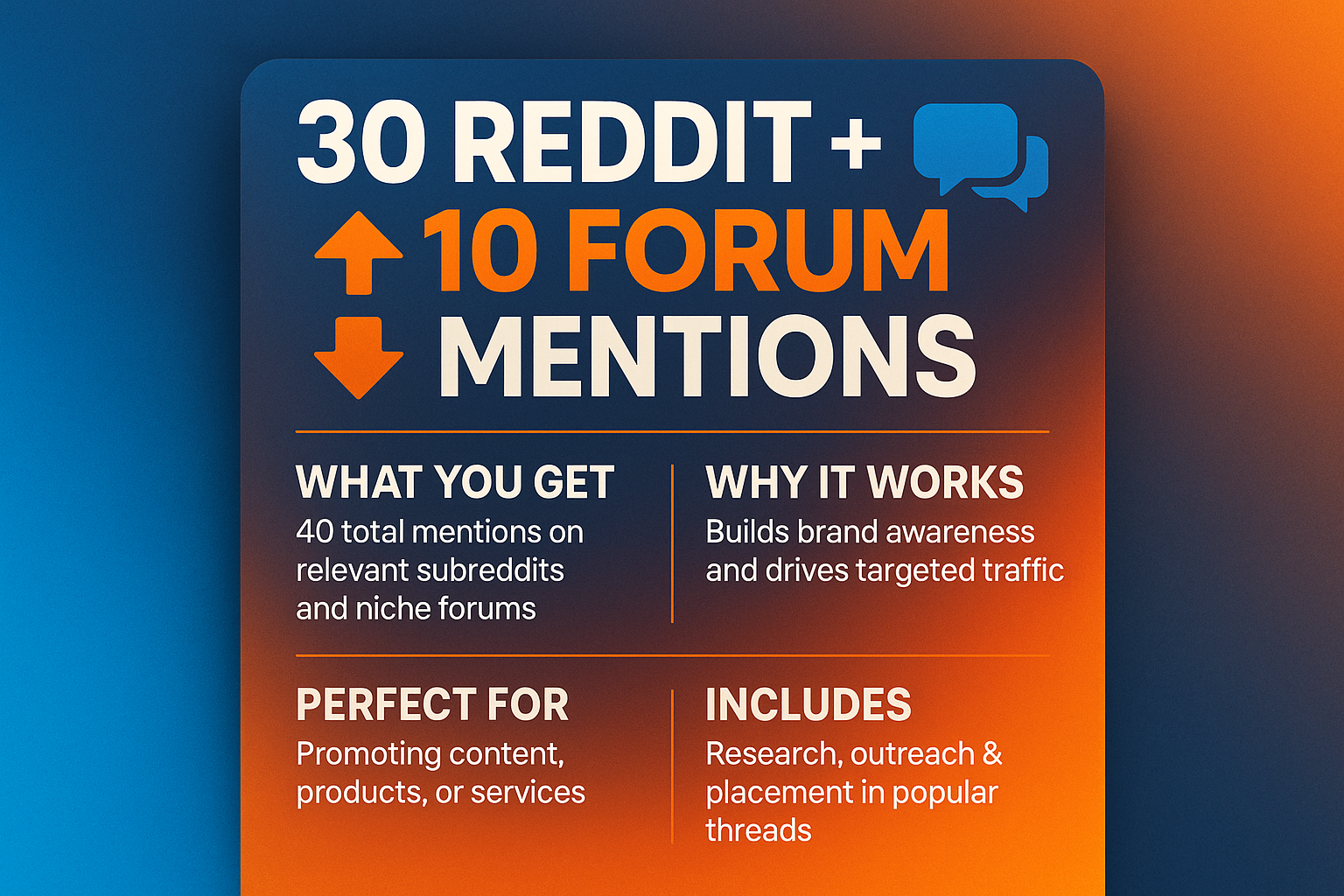 What You Get: 30 Reddit + 10 Forum Mentions
Why It Works: Designed to drive results with simple, transparent delivery.
Perfect For: Businesses that value performance and clarity.
Includes: Service fulfillment and reporting..

Please make eye catching and high converting 