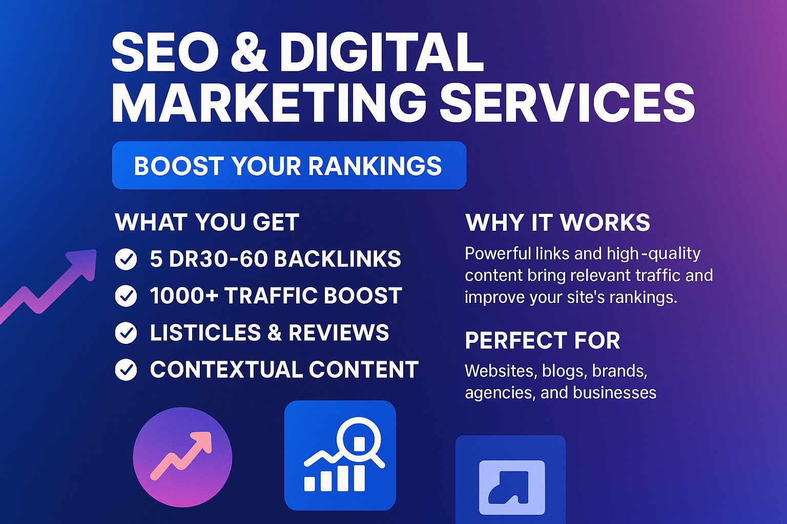 What You Get: 5 DR30–60; 1000+ traffic; listicles &amp; reviews; contextual
Why It Works: Designed to drive results with simple, transparent delivery.
Perfect For: Businesses that value performance and clarity.
Includes: Service fulfillment and reporting..

Make it eye catching and high converting 