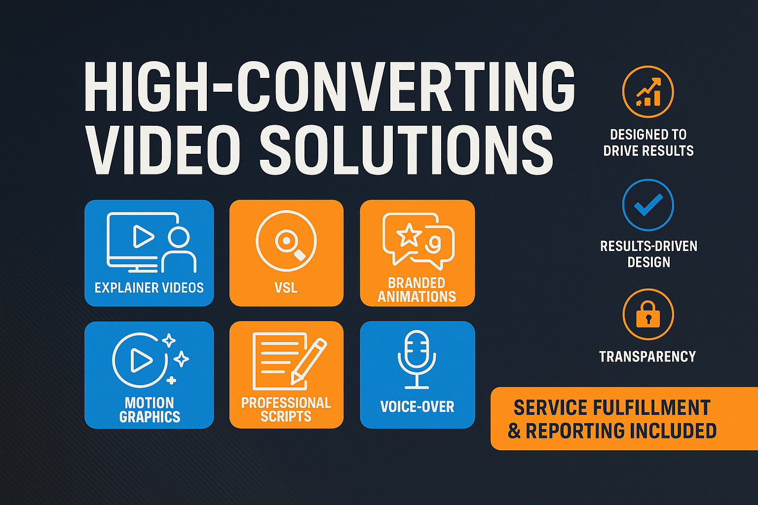 What You Get: Explainer or VSL; branded animation; motion graphics; script; VO; 16:9
Why It Works: Designed to drive results with simple, transparent delivery.
Perfect For: Businesses that value performance and clarity.
Includes: Service fulfillment and reporting..

Make eye catching and high converting 