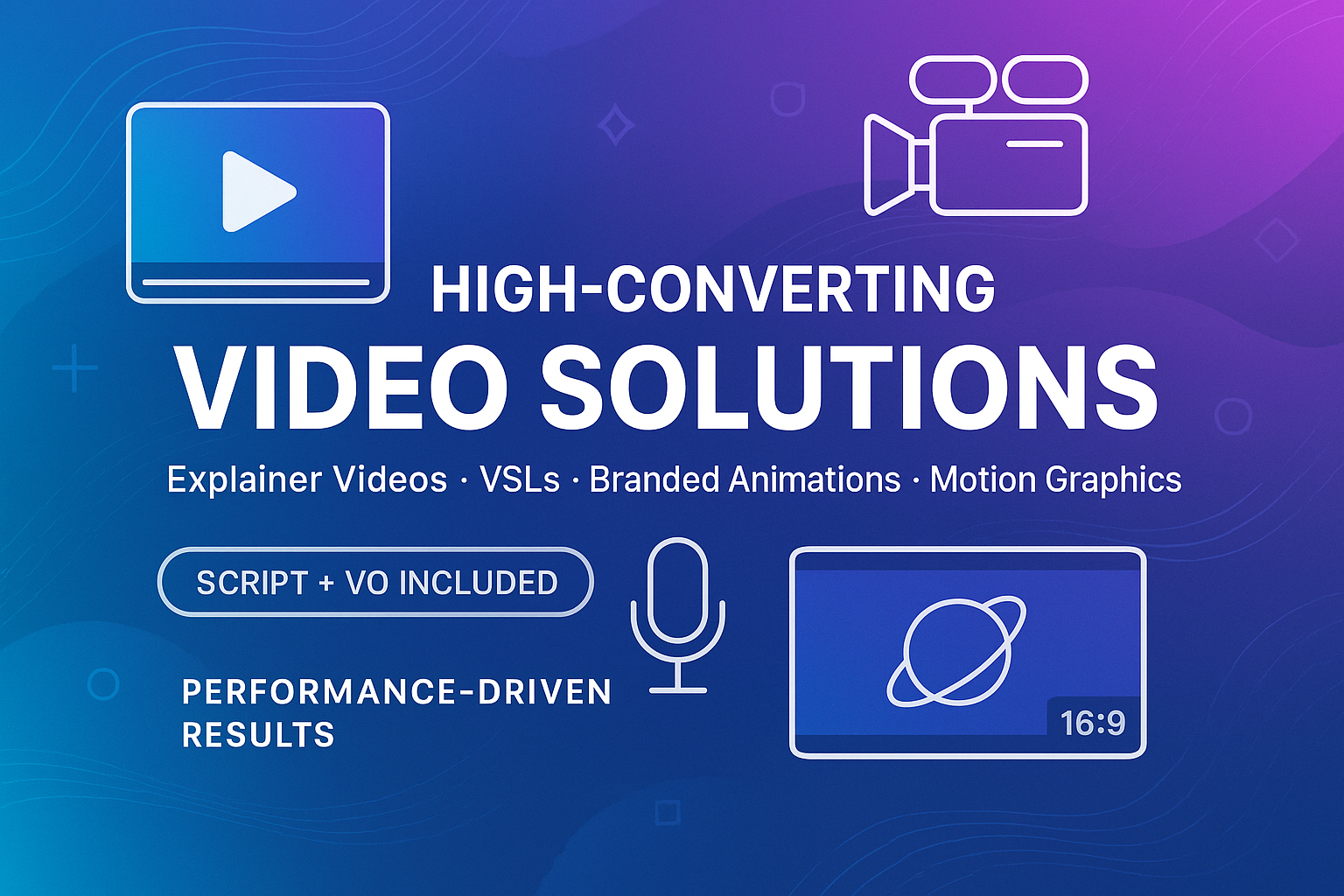 What You Get: Explainer or VSL; branded animation; motion graphics; script; VO; 16:9
Why It Works: Designed to drive results with simple, transparent delivery.
Perfect For: Businesses that value performance and clarity.
Includes: Service fulfillment and reporting..

Make eye catching and high converting 