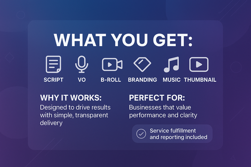 What You Get: Script; VO; B‑roll; branding; music; thumbnail
Why It Works: Designed to drive results with simple, transparent delivery.
Perfect For: Businesses that value performance and clarity.
Includes: Service fulfillment and reporting..

mAKE eye  catching and high converting