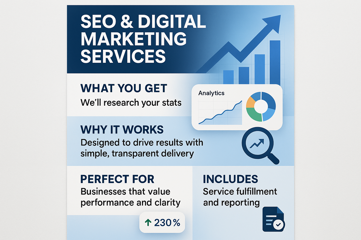 What You Get: We'll research your stats
Why It Works: Designed to drive results with simple, transparent delivery.
Perfect For: Businesses that value performance and clarity.
Includes: Service fulfillment and reporting..

Make eye catching and high converting 